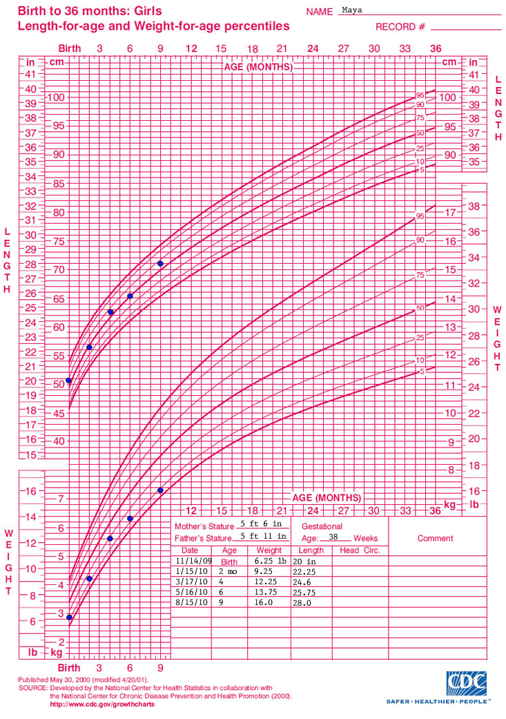 Growth chart
Birth to 36 months: girls
length-for-age and weight-for-age percentiles

Name: Maya

Data points for the growth chart show the following:

Date - Age - Weight - length
11/14/09 - birth - 6.25 pounds - 20 inches
1/15/10 - 2 months - 9.25 pounds - 22.25 inches
3/17/10 - 4 months - 12.25 pounds - 24.6 inches
5/16/10 - 6 months - 13.75 pounds - 25.75 inches
8/15/10 - 9 months - 16 pounds - 28 inches
