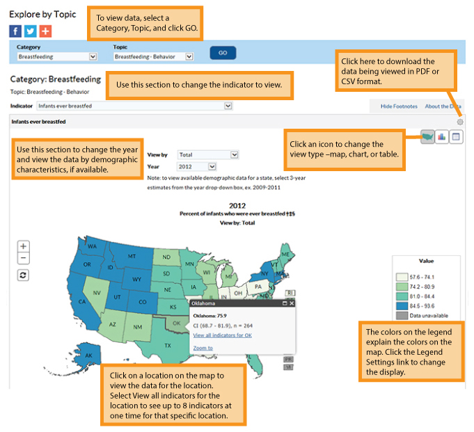 2-explore-topic.jpg Screen capture of new Data, Trends, and Maps Explore by Topic page with callout boxes highlighting new features. To view data, select a Category, Year, and click GO. Use the “Indicator” section to change the view. Use “View By” section to change the year and view the data by demographic characteristics, if available. Click on the “Gear Icon” to download the data being viewed in PDF or CSV format. Click on the “Map, Chart, or Table” icon to change the view type. Click a state on the map to view the data for the location. Select View all indicators for the location to see up to 8 indicators at one time for that specific location. The colors on the legend explain the colors on the map. Click the Legend Settings link to change the display.