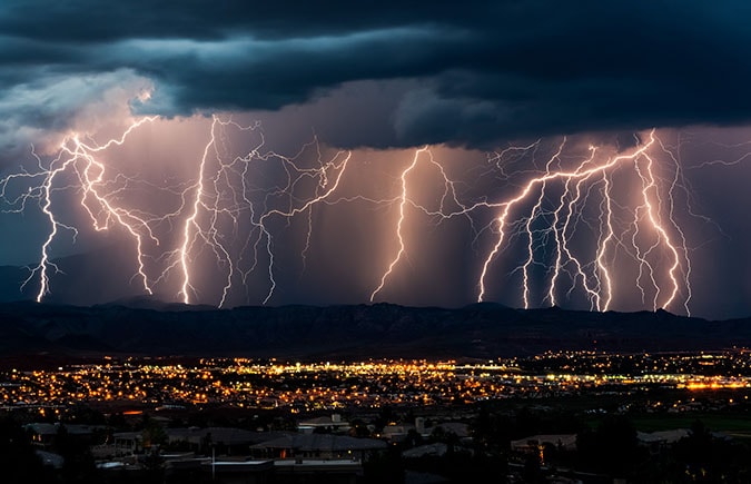 curtain of lightning over a city