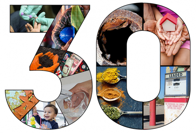 30th Anniversary Collage of lead-related photos showing handful of dirt, spices, leaded gas tank, chipped paint and finger prick blood sample