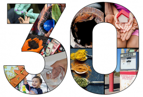 30th Anniversary Collage of lead-related photos showing handful of dirt, spices, leaded gas tank, chipped paint and finger prick blood sample