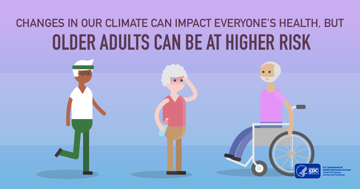 Climate and Health Older Adults Vector graphic of elderly people. Changes in our climate can impact everyone's health, but older adults can be at higher risk.