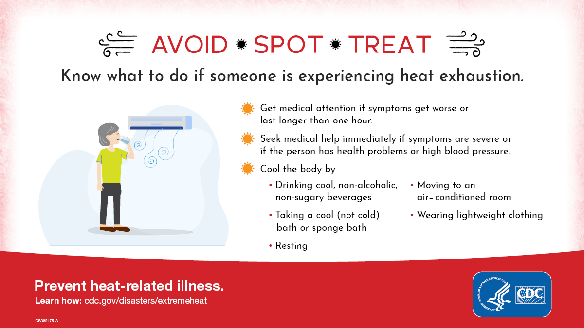 Avoid. Spot. Treat. Prevent heat-related illness. Know what to do if someone is experiencing heat exhaustion.