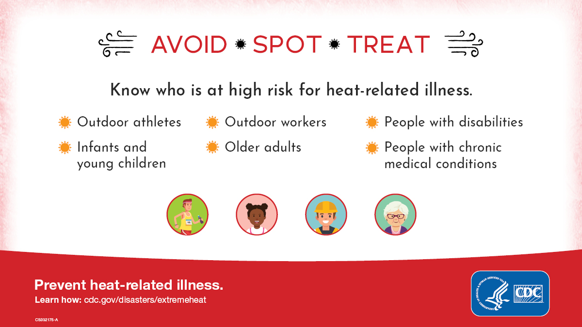 Avoid. Spot. Treat. Prevent heat-related illness. Know who is at high risk for heat-related illness. Outdoor athletes, outdoor workers, people with disabilities, infants and young children, older adults and people with chronic medical conditions.