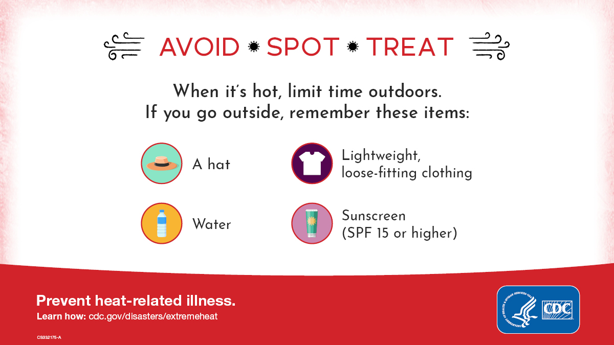 Avoid. Spot. Treat. Prevent heat-related illness. When it's hot, limit time outdoors. If you go outside, remember these items: a hat, lightweight, loose-fitting clothing, water and sunscreen SPF 15 or higher.