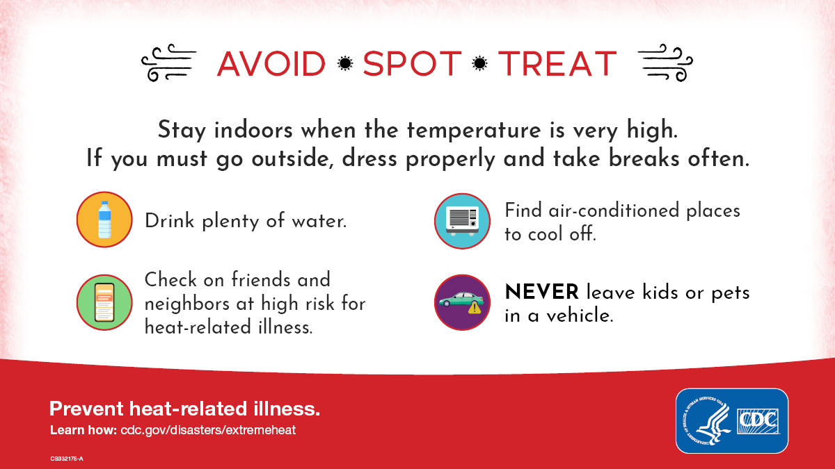 Avoid. Spot. Treat. Prevent heat-related illness. Stay indoors when the temperature is very high. If you must go outside, dress properly and take breaks often.
