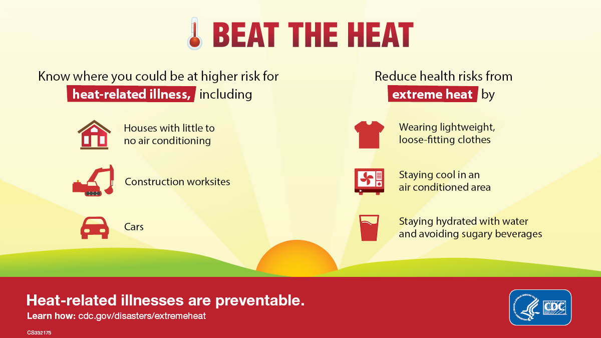 Beat The Heat. Heat-related illnesses are preventable. Know where you could be at higher risk for heat-related illness. Reduce health risks from extreme heat.