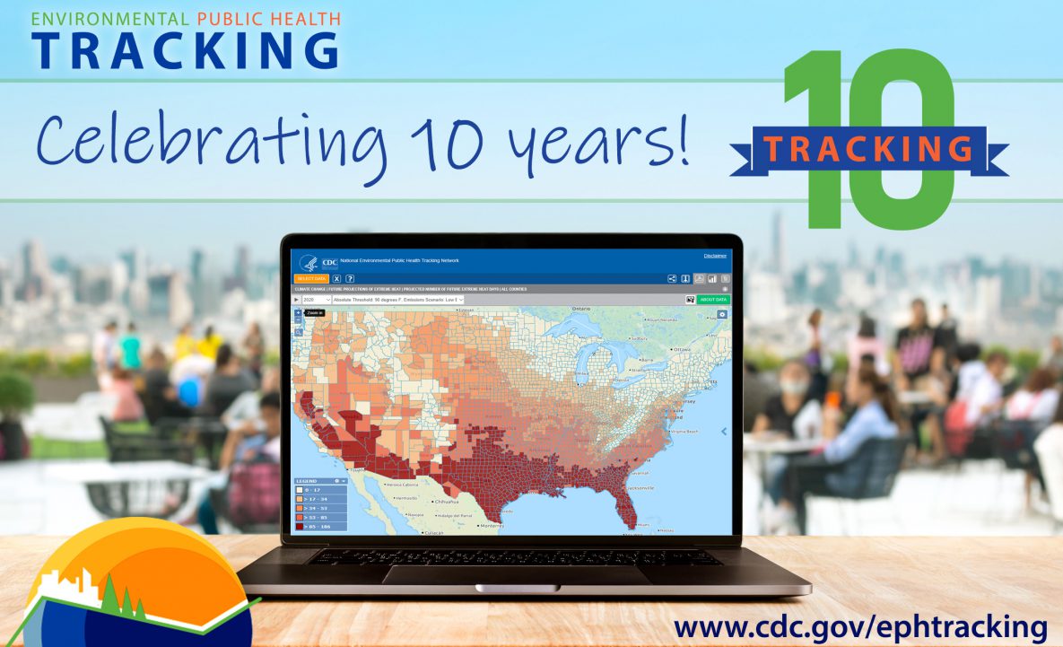 10th Anniversary Graphic Environemental Public Health Tracking - Celebrating 10 Years! www.cy118119.com/ephtracking (computer showing screen capture of US map showing data by county)