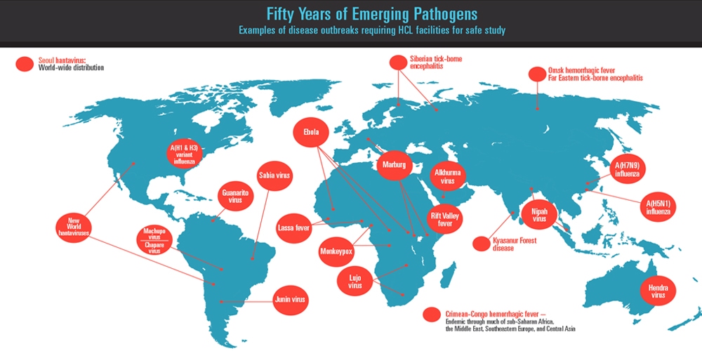 NCEZID Accomplishments 2019 - observing significant milestones A map showing fifty years of emerging pathogens across the world.
