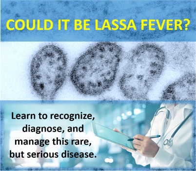 lassa-fever-md Lassa fever banner with images of disease and doctor checking off a list of how to recognize and diagnose the disease.