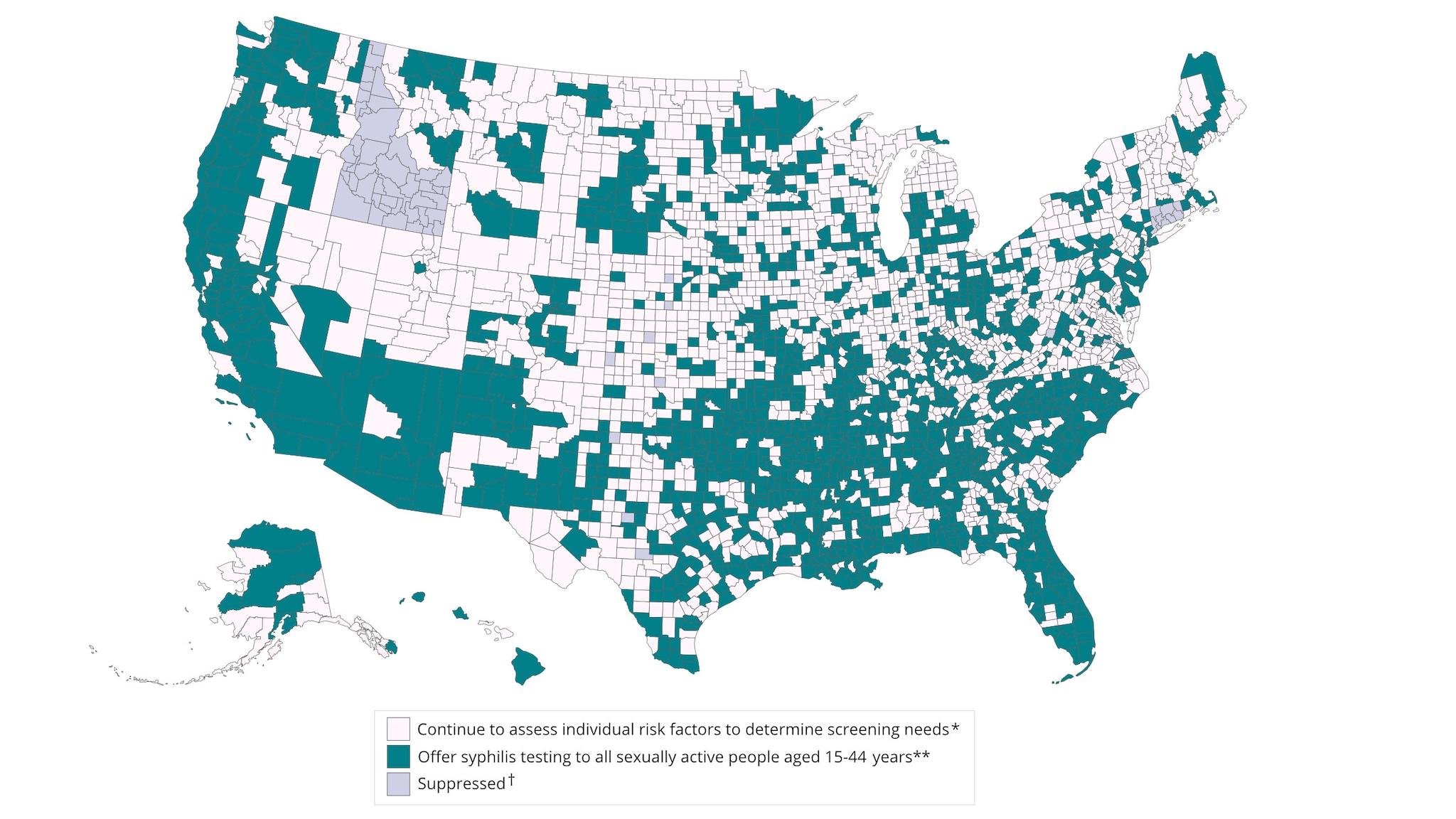County-level map of primary and secondary syphilis rates in the United States. Find data in the data table.