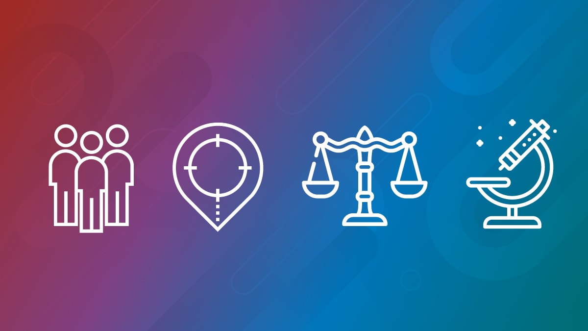 NCHHSTP Syndemics Icons Four icons representing NCHHSTP's syndemics approach: people, location, scale, and microscope.