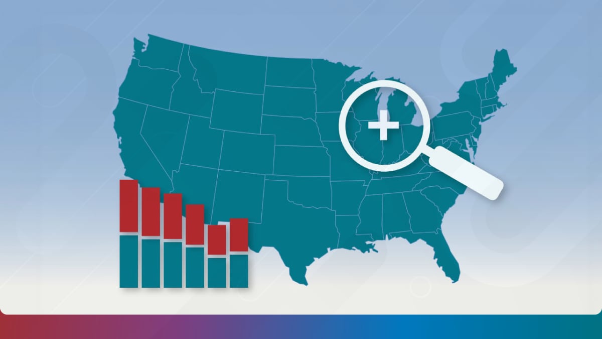 AtlasPlus Illustration for AtlasPlus - U.S. Map with overlay of a bar chart and a magnifying glass