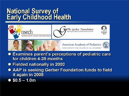 Picture of slide 11 as described above, which includes pictures of the National Survey of Early Childhood Health, Gerber Foundation, and American Academy of Pediatrics logos.