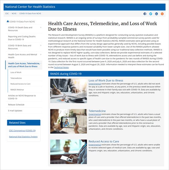 factsheet-overview-image3 Graphic 3 is a screen shot of the Health Care Access, Telemedicine, and Loss of Work Due to Illness from the NCHS Covid-19 web page.