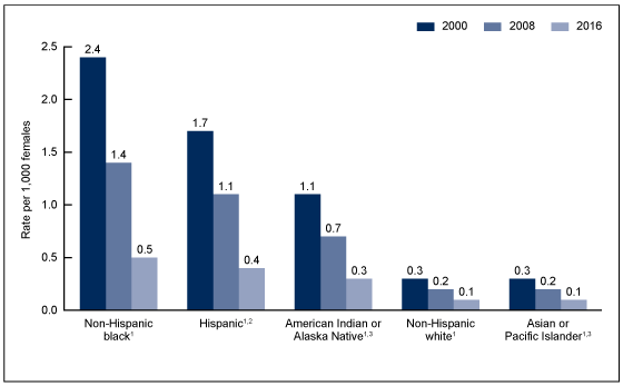 Figure 3 is a bar chart showing birth rates for females aged 10 through 14 by race and Hispanic origin for years 2000, 2008, and 2016.