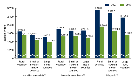 Figure 2 is a bar chart showing the total fertility rate (y-axis) in rural, small and medium metro, and large metro counties for non-Hispanic white, non-Hispanic black, and Hispanic women (x-axis) for 2007 and 2017.