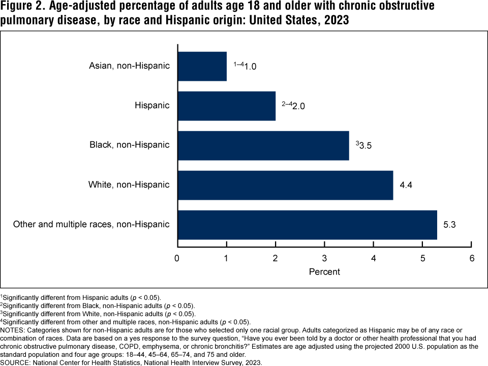 Figure 2 is a bar chart showing the age-adjusted percentage of adults with chronic obstructive pulmonary disease by race and Hispanic origin for 2023. Figure 2 is a bar chart showing the age-adjusted percentage of adults with chronic obstructive pulmonary disease by race and Hispanic origin for 2023.