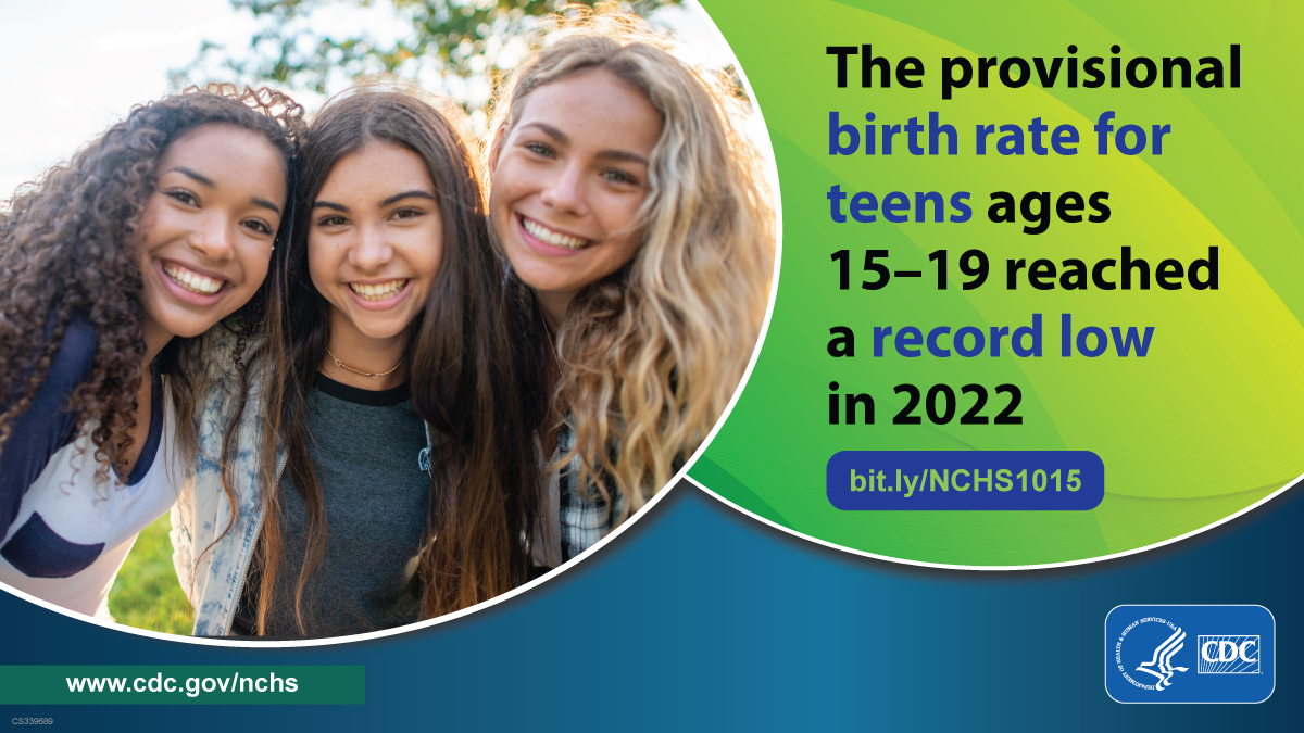 Group of 3 teen girls. Text: The provisional birth rates for teens ages 15-19 reached a record low in 2022