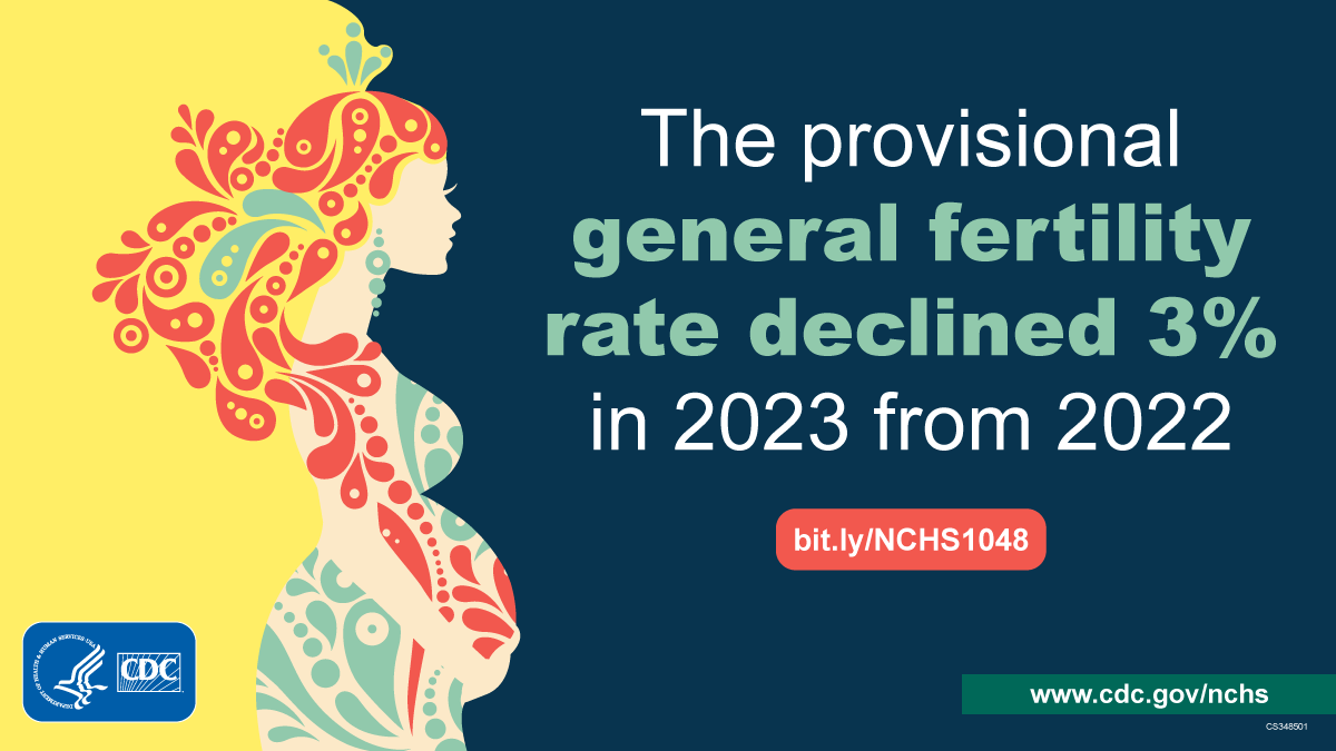 Artistic graphic of pregnant woman. Text: The provisional general fertility rate declined 3% in 2023 from 2022