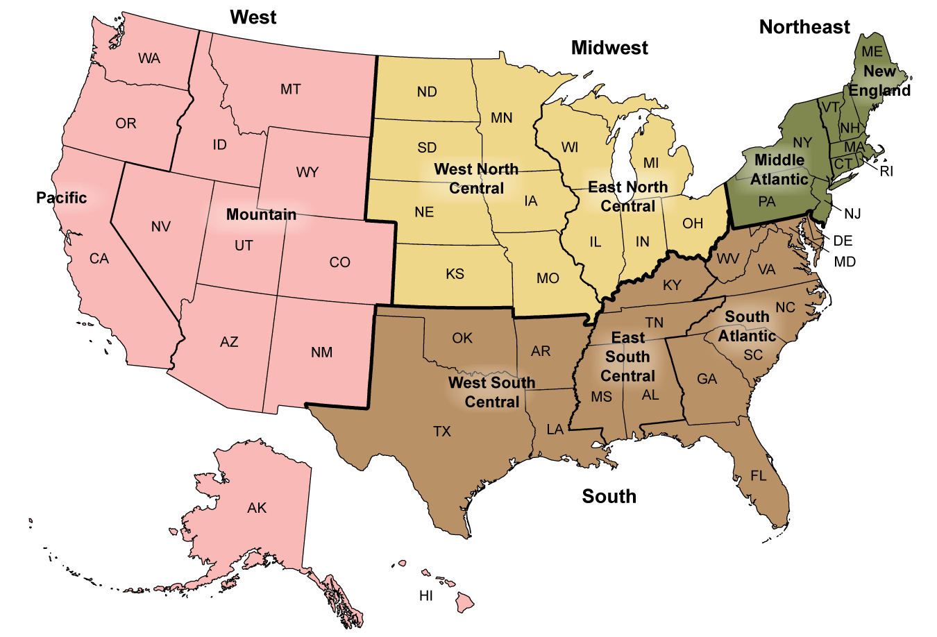 Figure is a map of the United States showing the U.S. Census Bureau&rsquo;s four geographic regions (Northeast, Midwest, South, and West) and nine divisions (New England, Middle Atlantic, South Atlantic, East South Central, West South Central, East North Central, West North Central, Mountain, and Pacific).