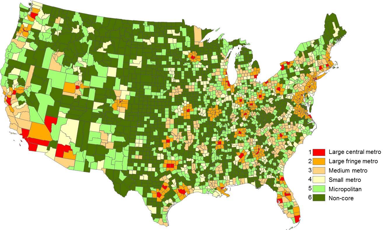 2006MapVersion3Final This map shows all U.S. counties and county equivalents and their classification under the 2006 NCHS Urban-Rural Classification Scheme for Counties. Large central metro counties are red, large fringe metro counties are orange, medium metro counties are yellow, small metro counties are white, micropolitan counties are light green, and noncore counties are dark green. The map illustrates that the eastern half of the United States is more densely settled than the western half. The map also illustrates the differences in county size -- smaller counties east of the Mississippi and larger counties west of the Mississippi.
