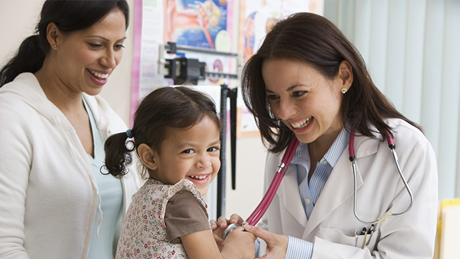 NHIS ER Dashboard Thumbnail Pediatrician examines young girl as mother watches