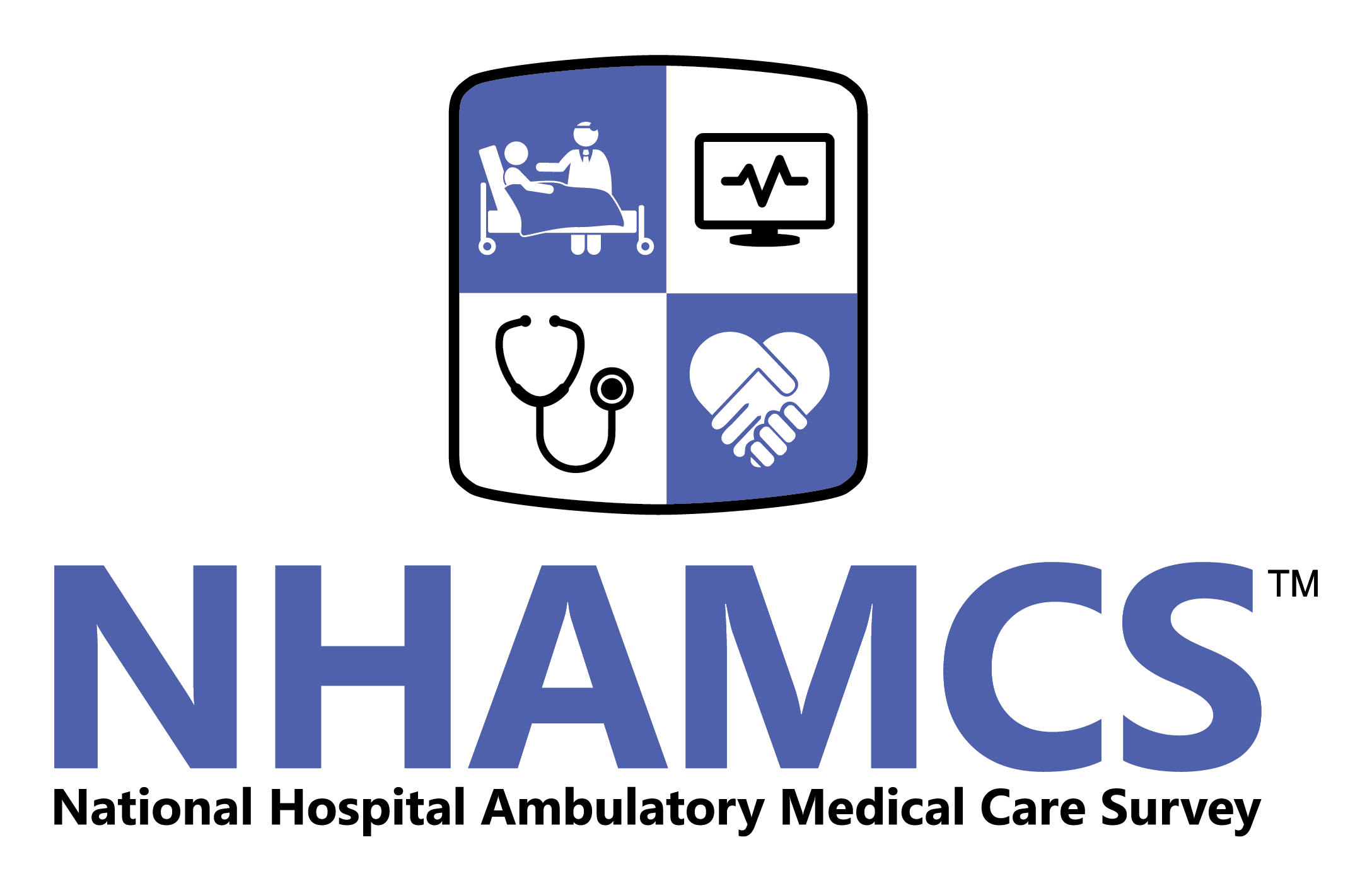 NHAMCS Vertical Logo The NHAMCS logo gives the survey name and shows a shield with four health related icons.