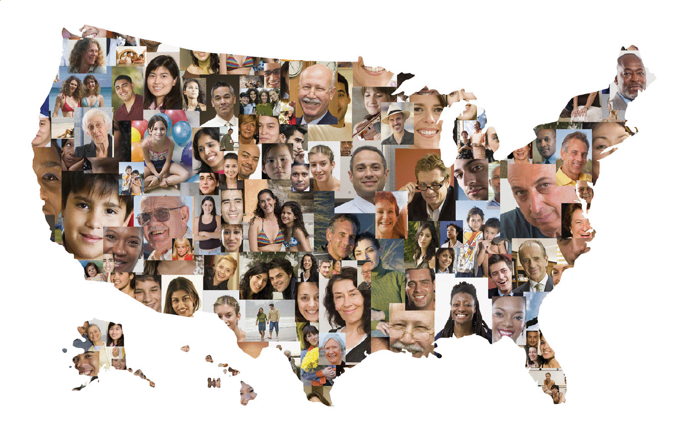 NHANES U.S. Map Outline of the United States filled with photos of different people's faces.