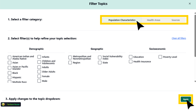 Screenshot of the "Filter topics" popup window