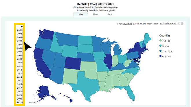 Screenshot of a map visualization with a timeline of years with data that can be viewed in this format.