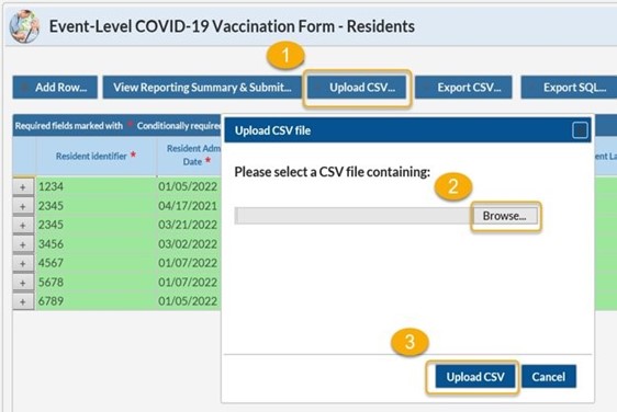 A computer screenshot showing the upload CSV section of the application for uploading reporting data. A computer screenshot showing the upload CSV section of the application for uploading reporting data.