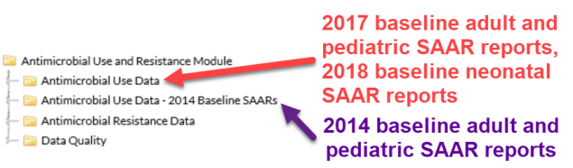 SAAR baselines in Analysis Reports Find the 2017 baseline adult and pediatric SAAR reports and 2018 baseline neonatal SAAR reports in the Antimicrobial Use Data subfolder. Find the 2014 baseline adult and pediatric SAAR reports in the Antimicrobial Use Data - 2014 Baseline SAARs subfolder.