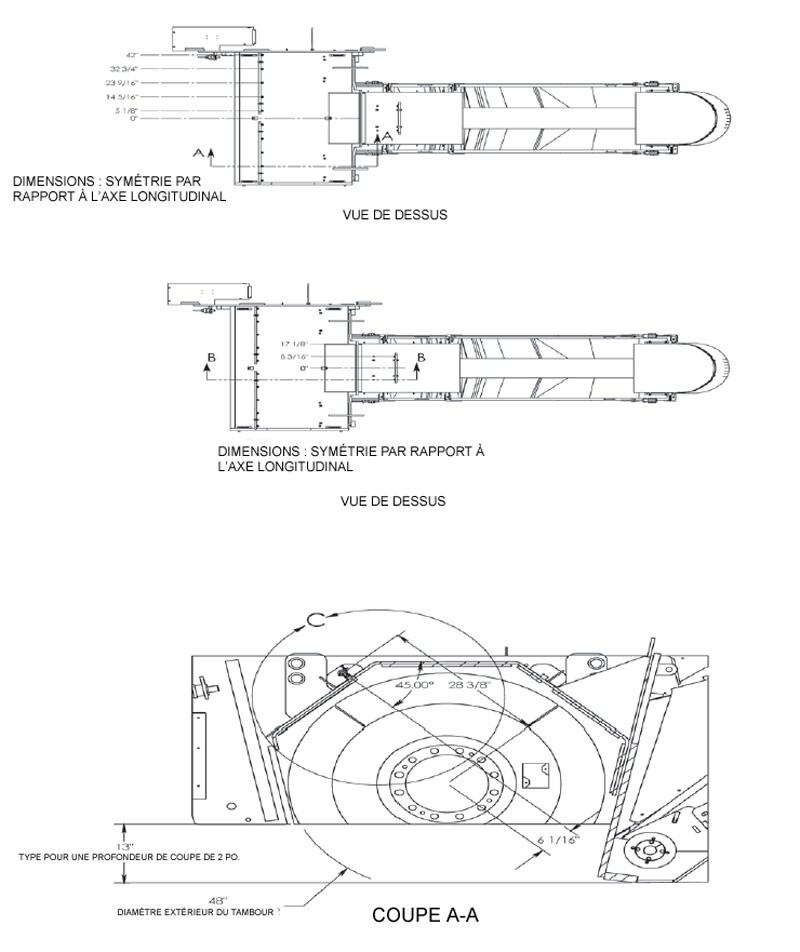 Détail en coupe, vue latérale : carter du tambour de fraisage (avec les dimensions) et buses de pulvérisation orientées à 45 degrés par rapport à l’axe médian du tambour de fraisage