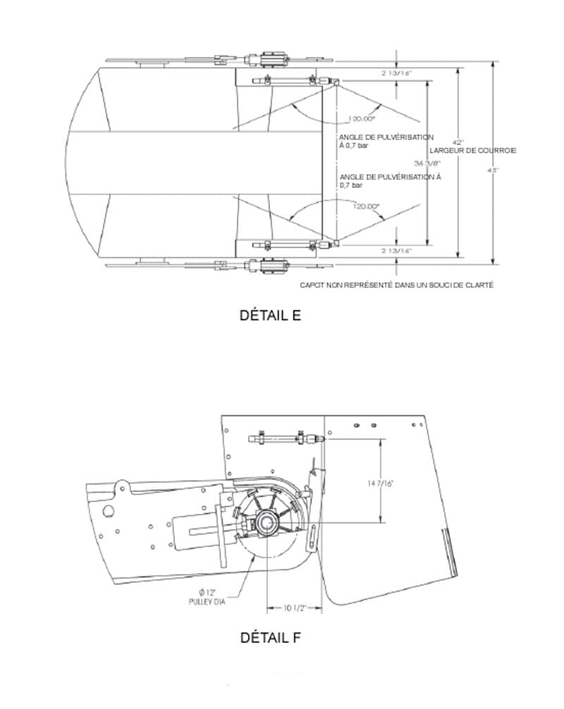 Pulvérisation d’eau : détail F de la zone de transfert du convoyeur, avec dimensions