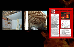 2019-167 Image on left shows the installation of a pan ceiling, the image in the center shows a commercial building without a pan ceiling, and on the far right is a poster produced by Chief Billy Goldfeder based on a fire fighter investigation report