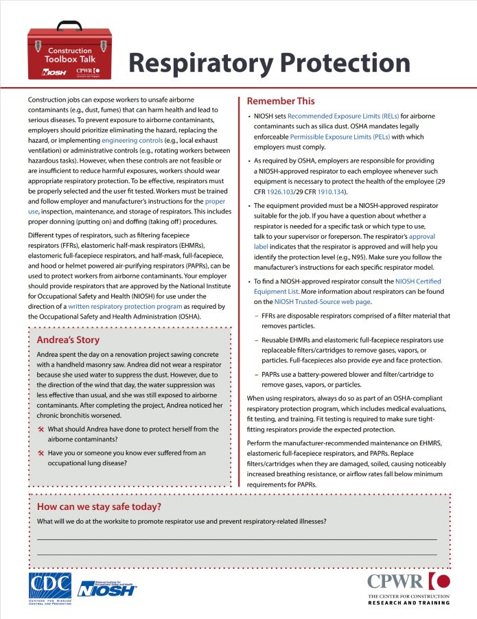 Publication 2022-102, This fact sheet informs construction workers of the respiratory protection needed to protect themselves in the workplace Publication 2022-102, This fact sheet informs construction workers of the respiratory protection needed to protect themselves in the workplace