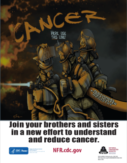 2023-102 Illustration of three firefighters putting out a fire containing the word cancer. The first firefighter is holding a small fire line. The other two are holding a larger fire line with the words national firefighter registry and saying here, use this line!