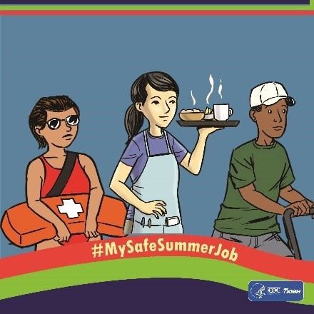 MySafeSummerJob Illustration of three youth workers. A female lifeguard, a female server, and a male light industry worker. Hashtag MySafeSummerJob