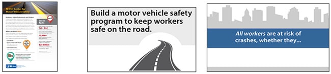 enewsV16N6motorVehicle Cover page of fact sheet; animated image - Build a motor vehicle safety program to keep workers safe on the road; Driver gif - All workers are at risk of crashed, whether they...