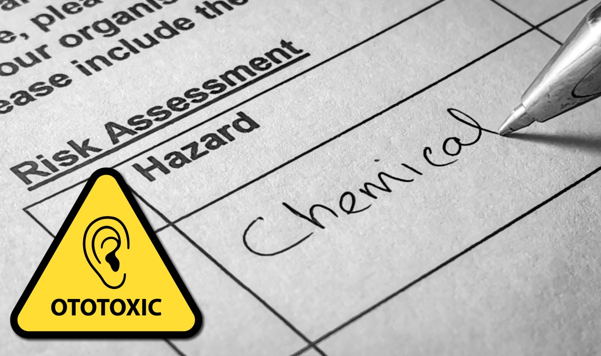 ototoxic A picture containing text, stationary, document with a yellow triangle overtop of it that says ototoxic