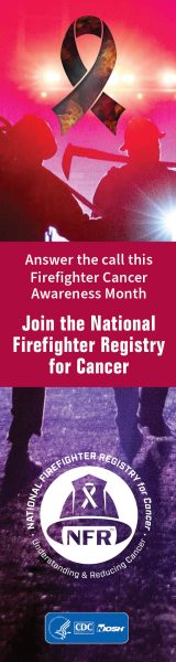 NFR-FFCAM-WB_hires_04_160x600 Red banner with the NFR logo and a ribbon promoting Firefighter Cancer Awareness Month, and text stating Answer the call this Firefighter Cancer Awareness Month. Join the National Firefighter Registry for Cancer.