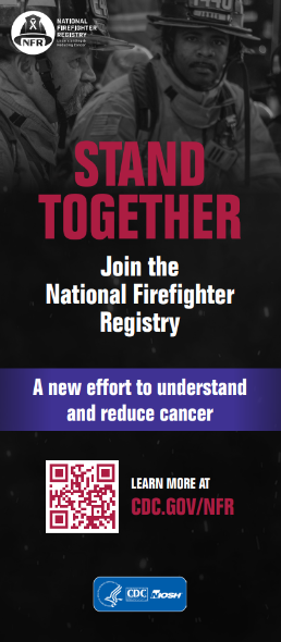 palmcard1 a 4 by 9 info card that says Stand Together, Join the National Firefighter Registry, A new effort to understand and reduce cancer