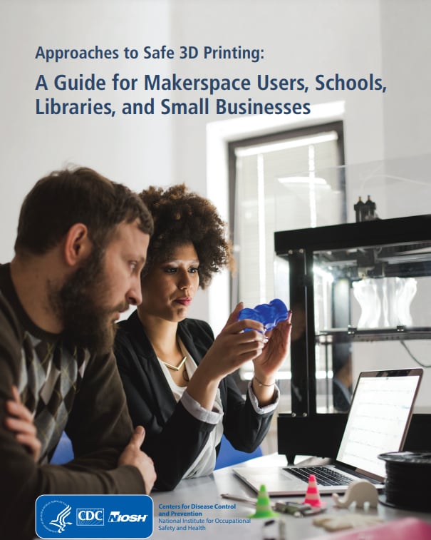 Cover of NIOSH publication 2024-103 Image has a man and women sitting at a desk looking at a 3D print. Cover of NIOSH Publication 2024-103 -Approaches to safe 3D printing: a guide for markerspace users, schools, libraries, and small businesses. Oicture of a man and women working on a computer.