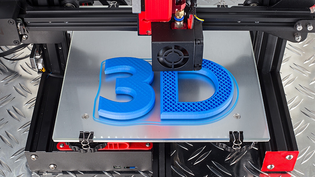 — title missing — Red black 3D printer printing blue logo symbol on metal diamond plate future technology modern concept background
