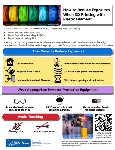 cover of NIOSH publication How to Reduce Exposures When 3D Printing with Plastic Filament cover of NIOSH publication How to Reduce Exposures When 3D Printing with Plastic Filament
