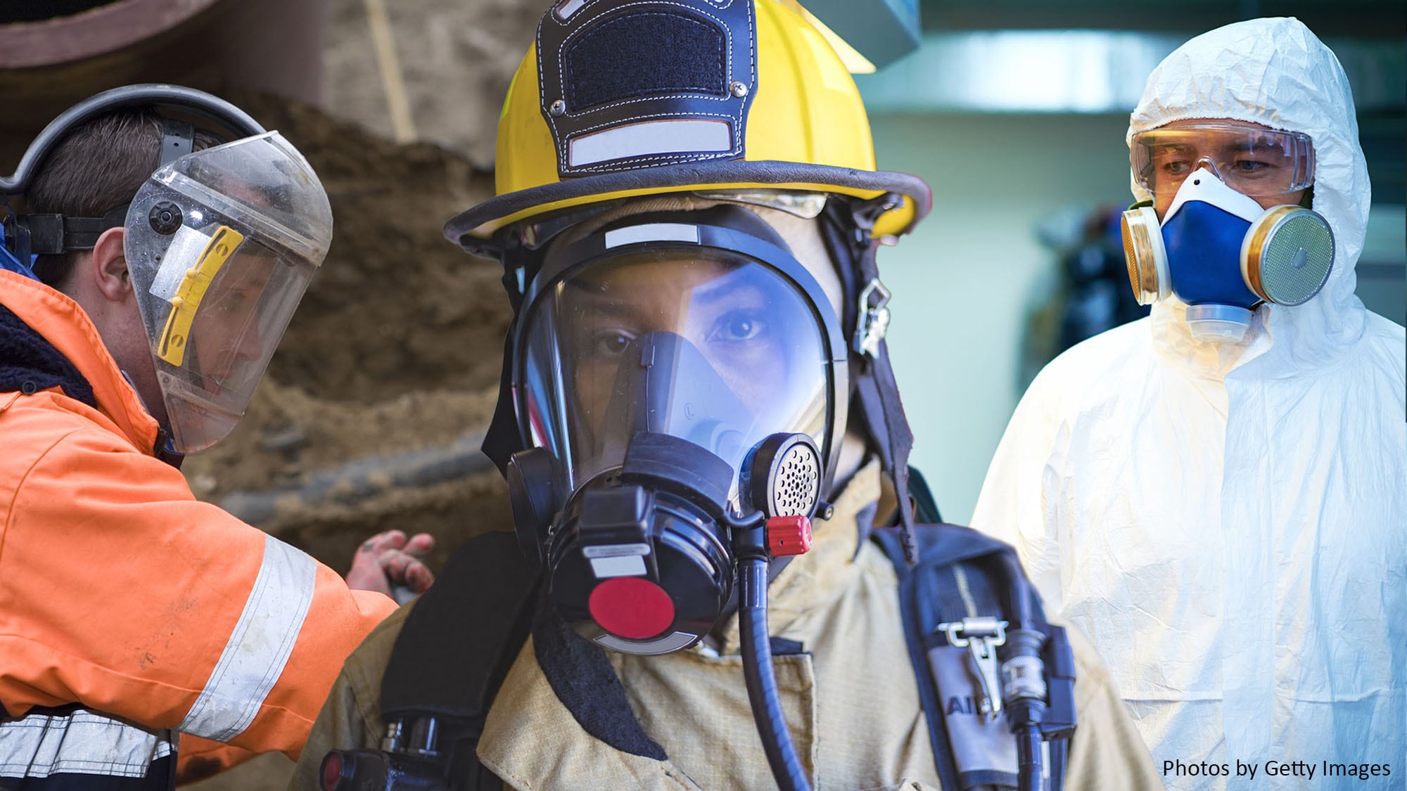 — title missing — collage photo of three workers using different types of PPE to ensure safety.