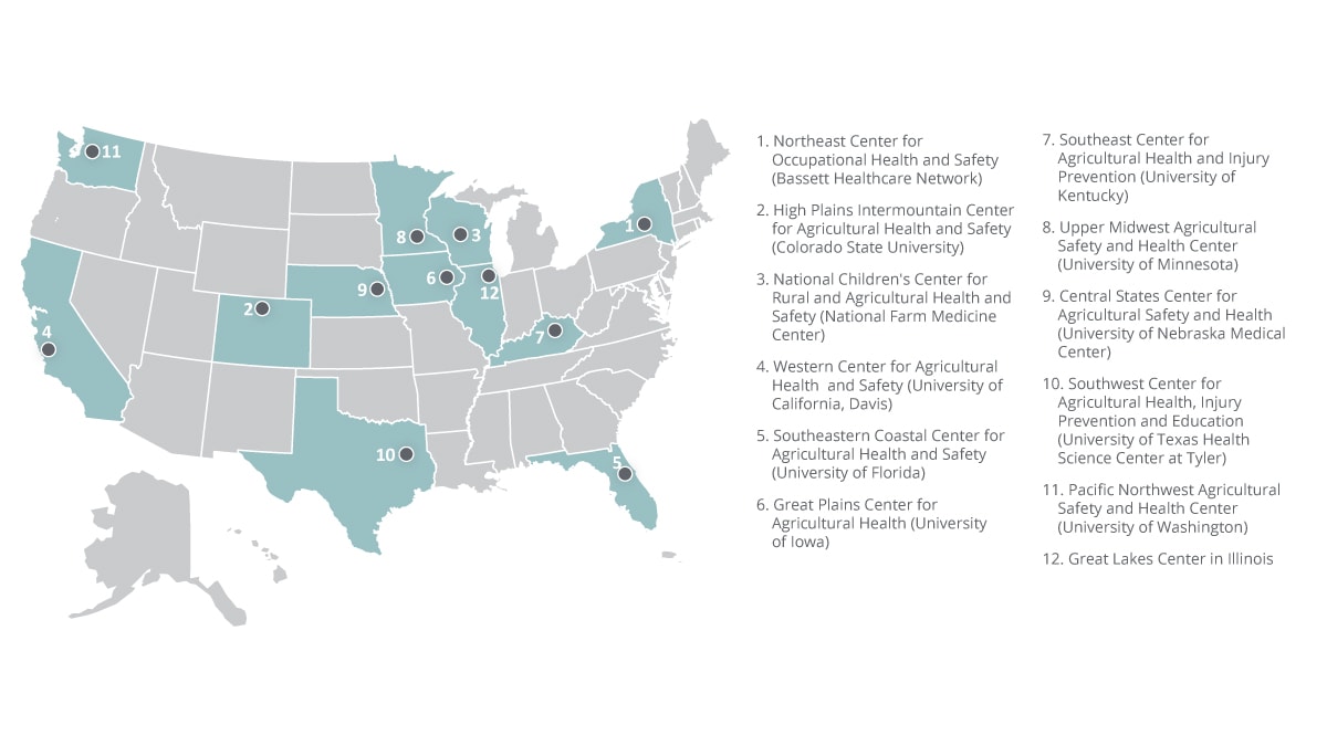 NIOSH Ag Centers Map 2024 Map of US with locations of Ag Centers marked.