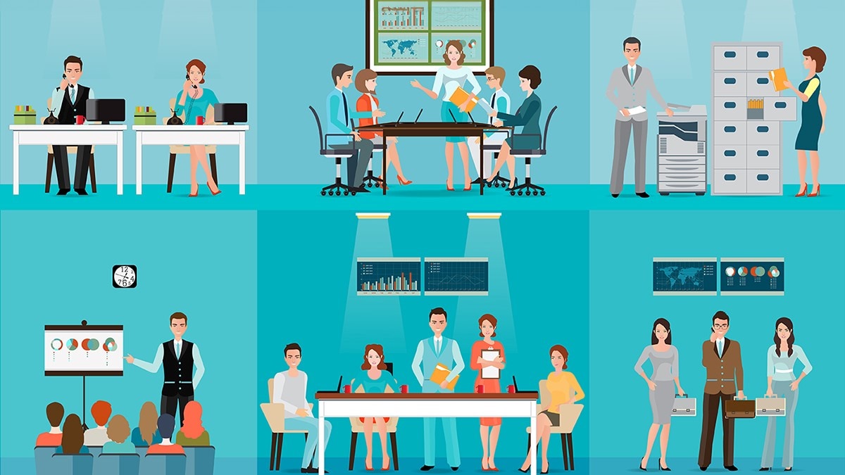 Office Environment 1 A group of people working in an office space. Some people are sitting at a desk, and some are in a meeting. One person is using a copy machine, and the other person is filing papers in a file cabinet.