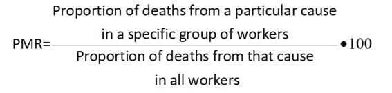 PMRImage.png To calculate a PMR, divide the proportion of deaths from a particular cause in a specific group of workers by the proportion of death from that cause in all workers. Then multiply the answer by 100.